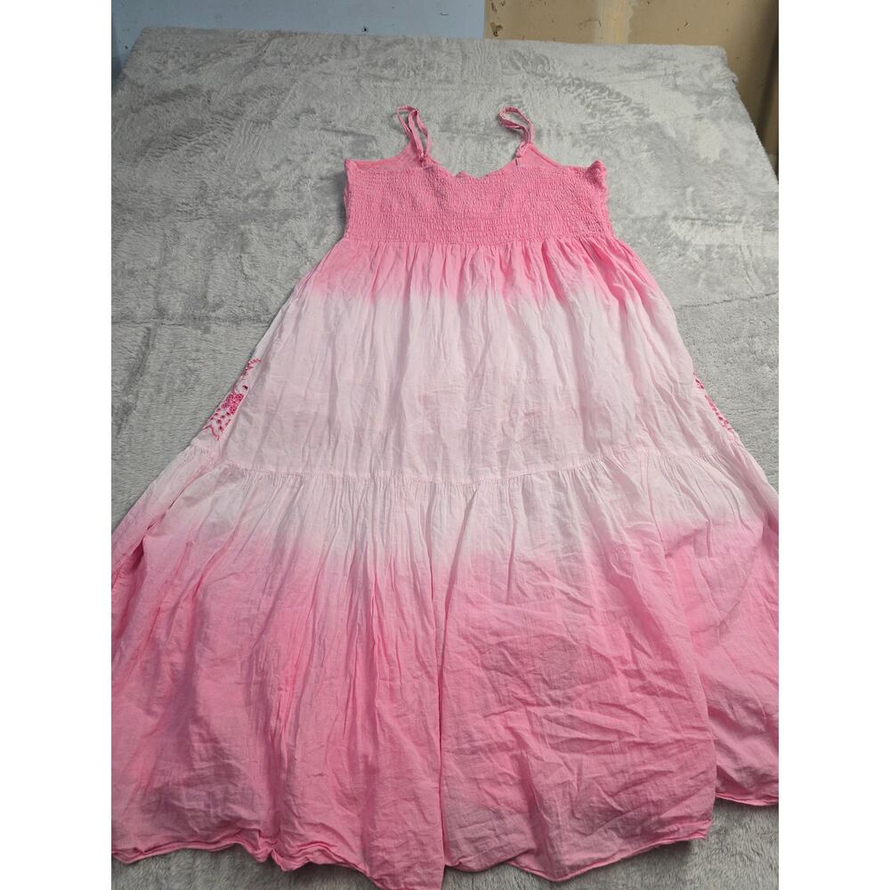Women's Plus Sz 1X Pink Ombre Cotton Maxi Dress Boho Eyelet Lace Tiered Sundress - Picture 9 of 11